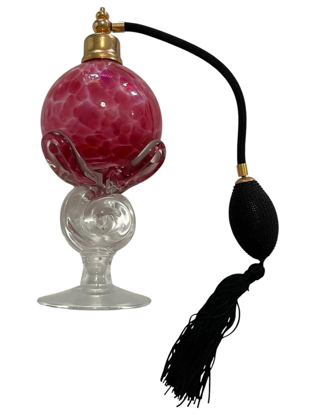 Hand Blown Pink White Art Glass Pedestal Perfume Atomizer